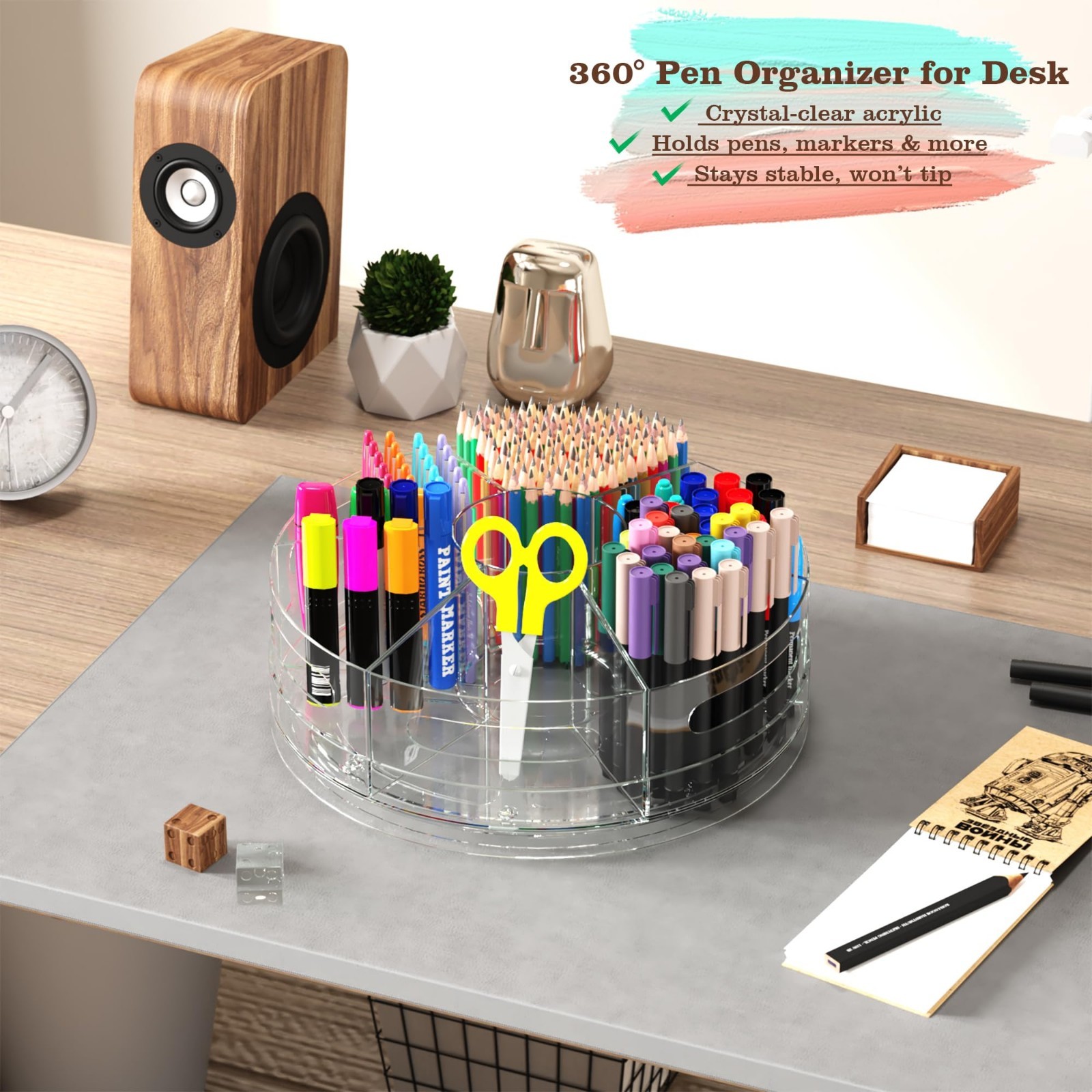 Clear Acrylic Rotating Organizer – 7 Compartment Pen & Art Supply Holder for Des