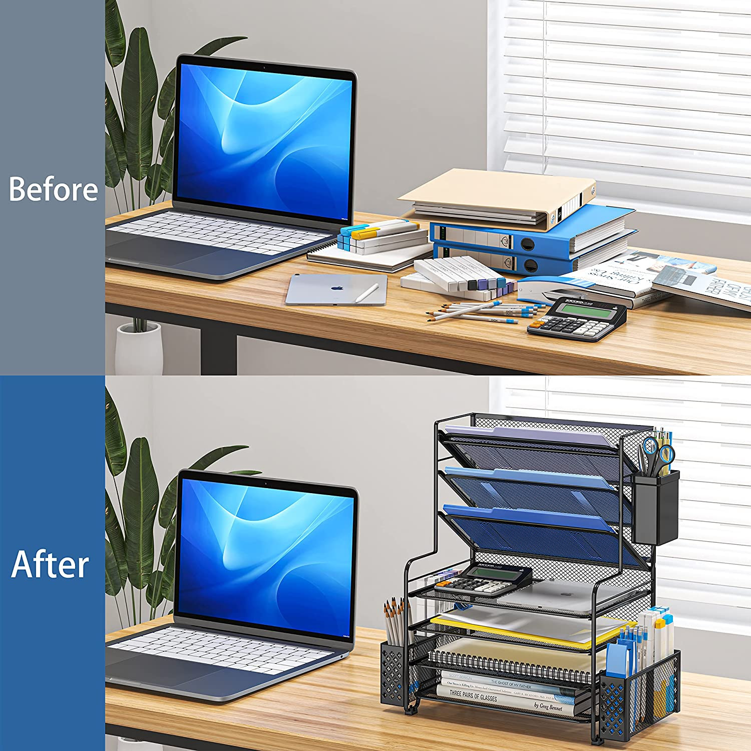7 Tier Desk File Organizer Letter Tray Paper Holder with Pen Holder Black