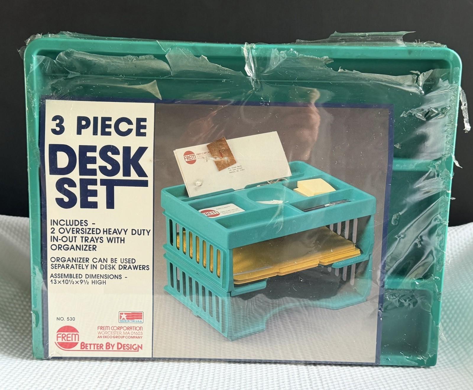 Vtg Frem 3 Piece Desk Set 2 Trays & Organizer Pens Paper New Old Stock Teal