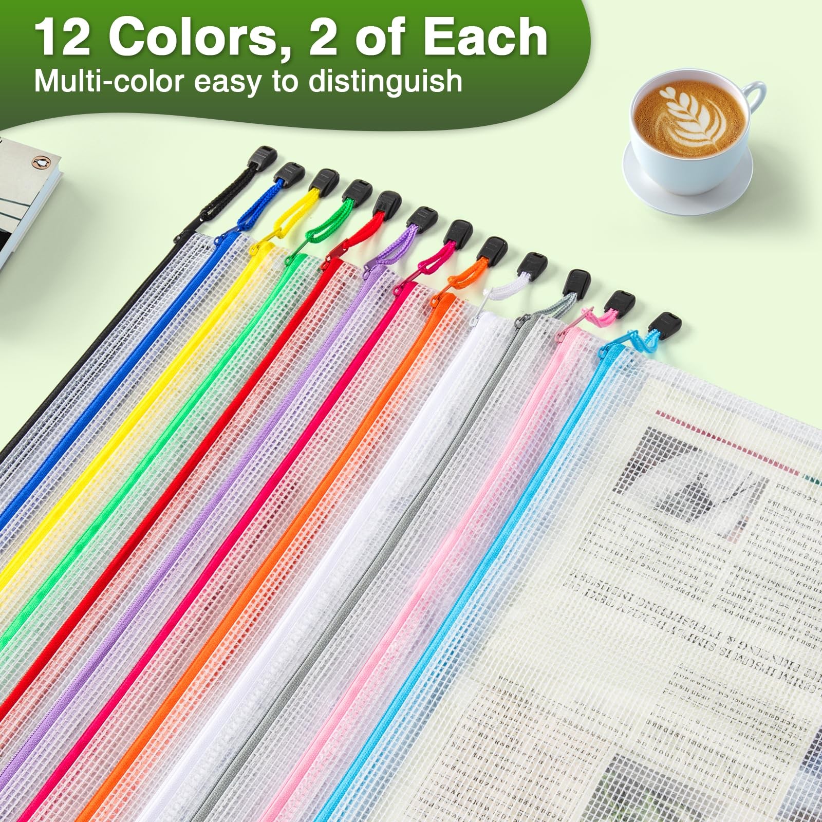 24 Pack 12 Colors Zipper Pouches for Organizing, A3 Size (16.9 x 12.4), Big m…