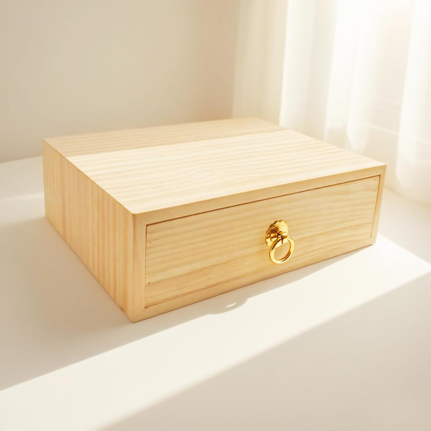 Natural Wooden Storage Box with Single Drawer for Desk Home Office Crafts