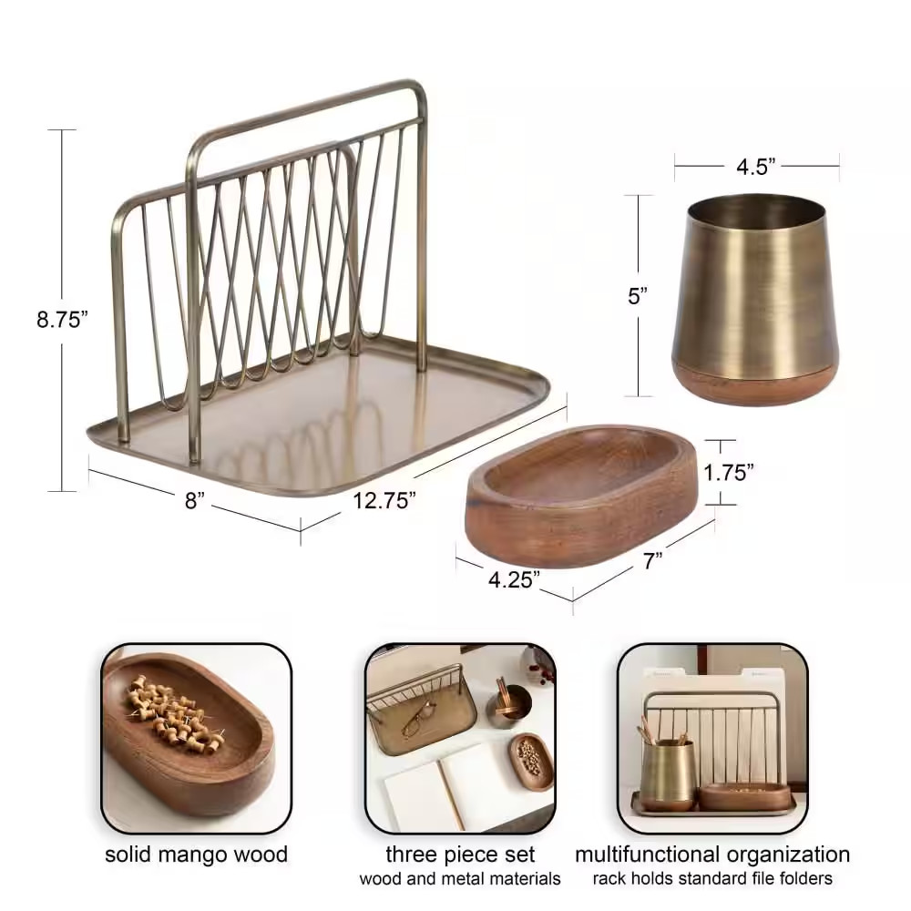 Koni Walnut Brown/Gold Rectangle Metal Desk Organizer
