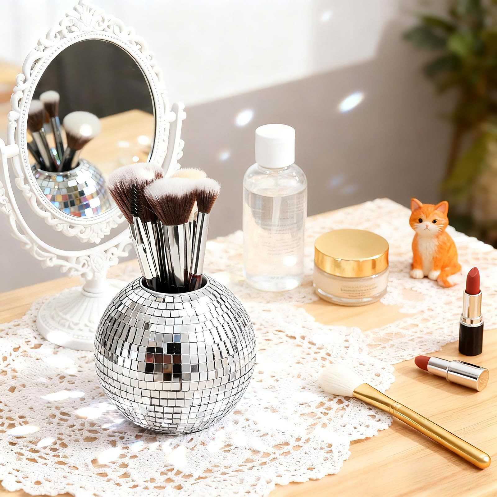 2 Pack Silver Disco Pen Holder for Desk, Cute Makeup Brush Holder Organizer, …