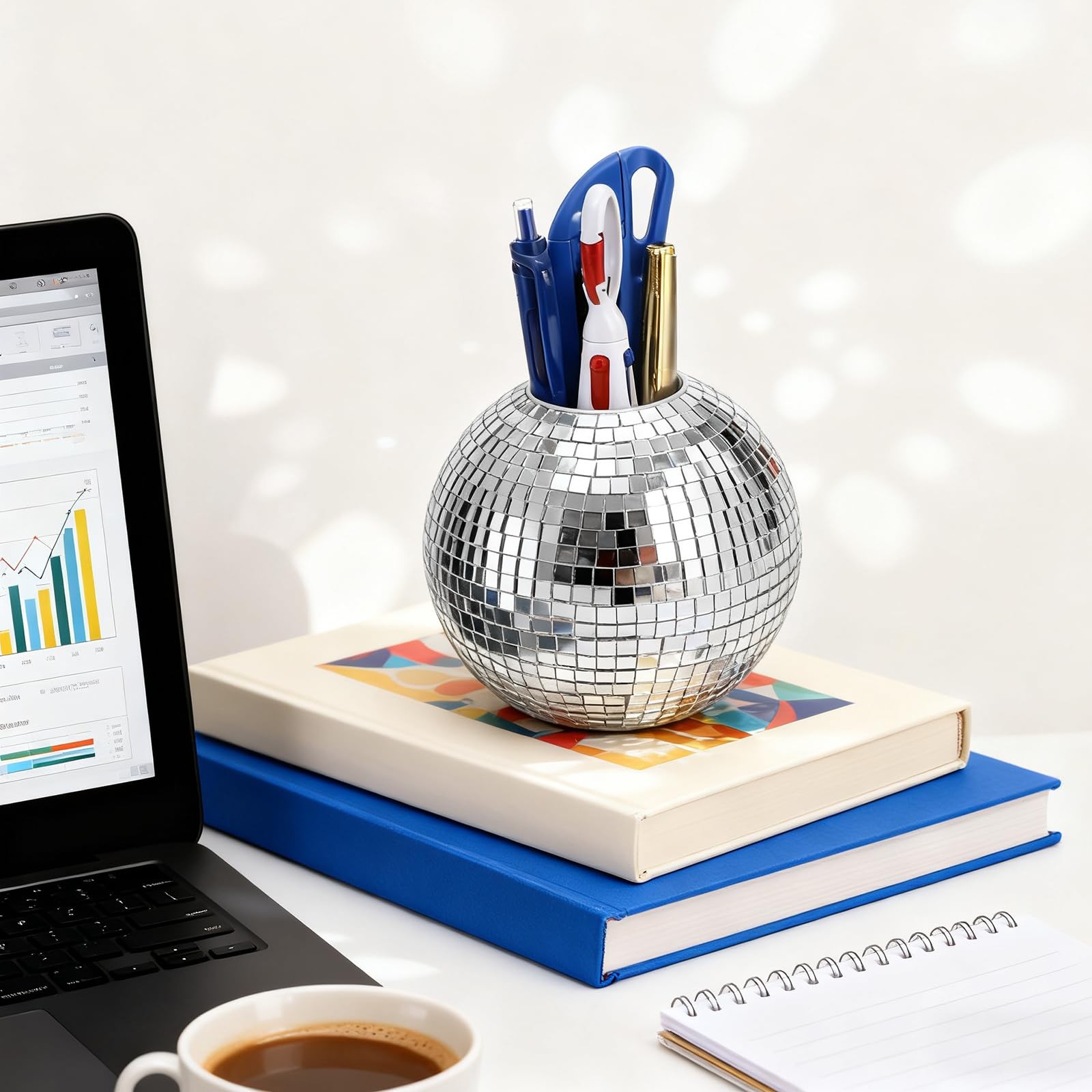 2 Pack Silver Disco Pen Holder for Desk, Cute Makeup Brush Holder Organizer, …