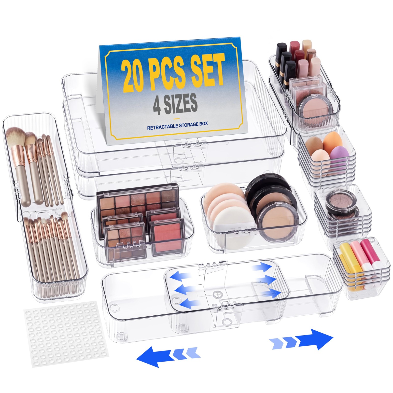 Aneco 20 Pieces Extendable Clear Drawer Organizer Adjustable Vanity