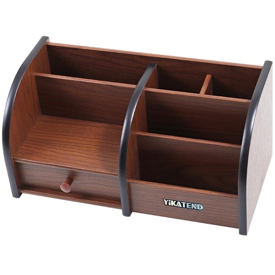 YIKATEND Wooden Desk Organizer with Drawer, Multi-Compartment Desktop Brown