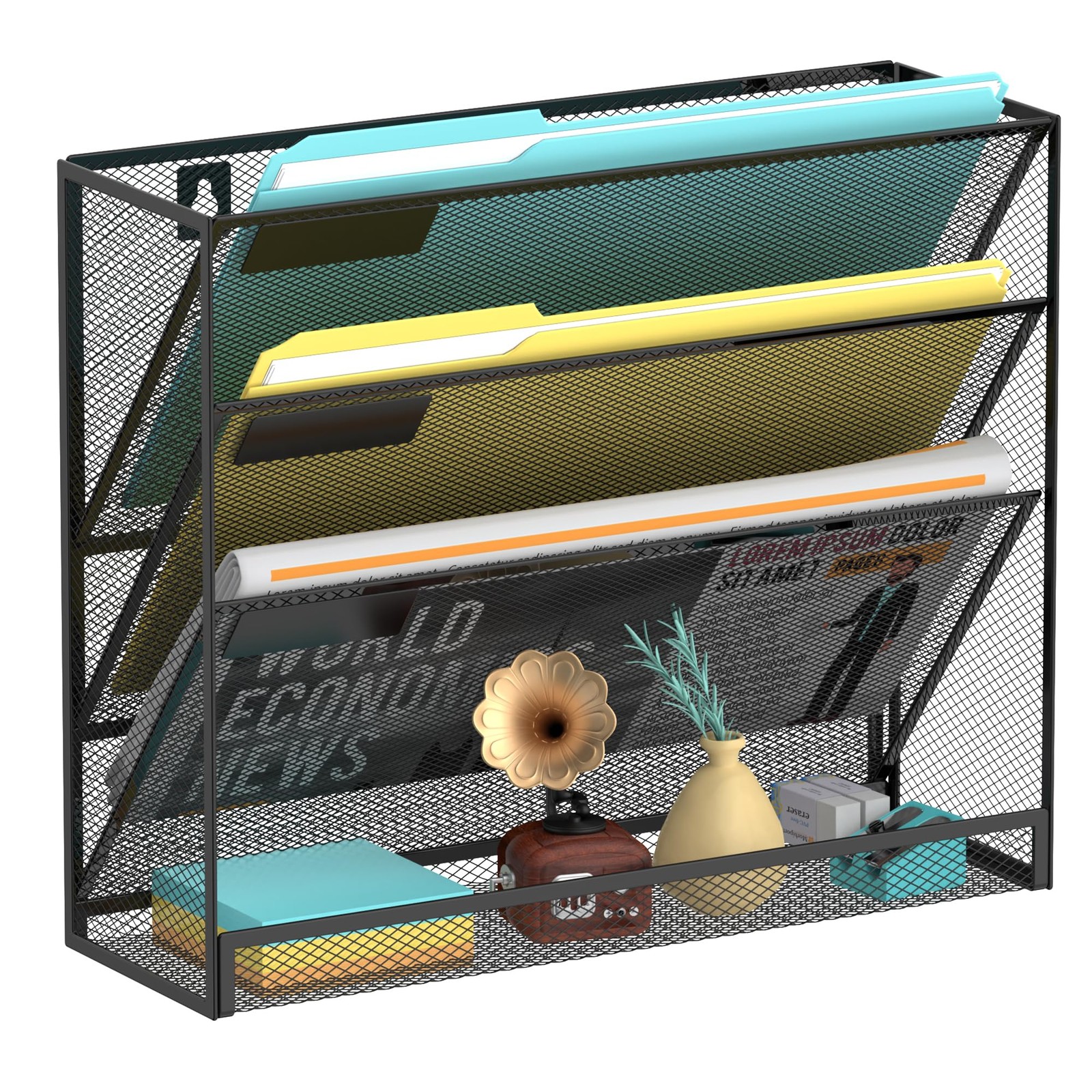 SUPEASY Wall File Organizer Mesh Office Mail Holder, Hanging 4-Tier, Black