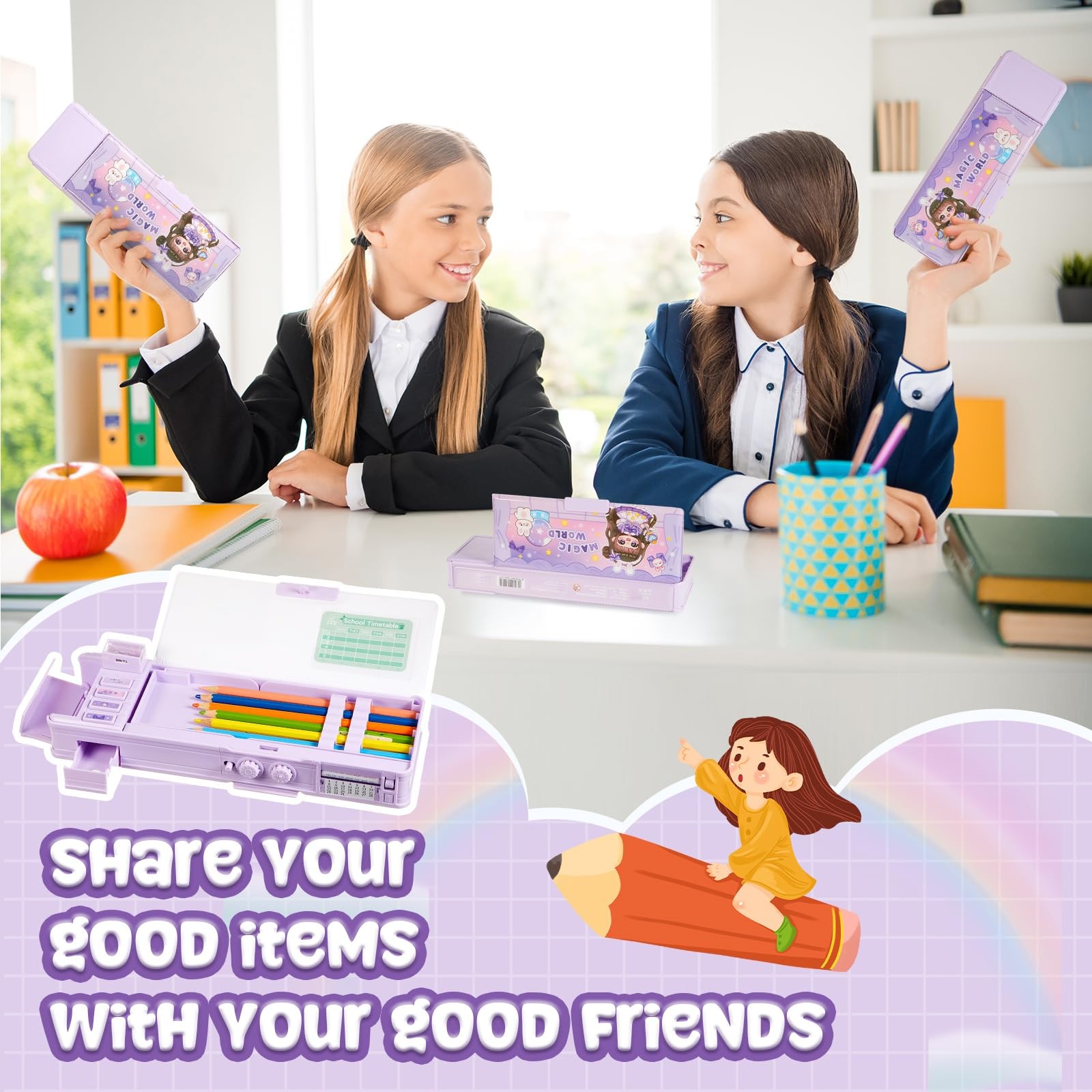 Multifunctional Pop up Pencil Case for Girls, Cute Cartoon Pen Box Organizer …