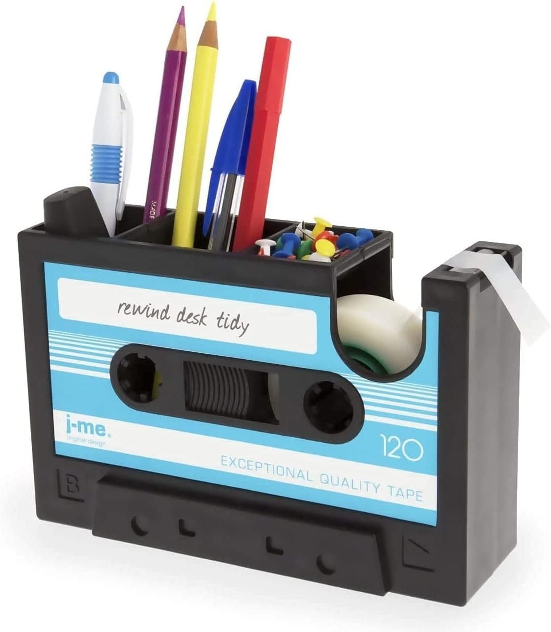 Blue Multifunctional Cassette Tape Dispenser & Pen Holder for Creative Spaces
