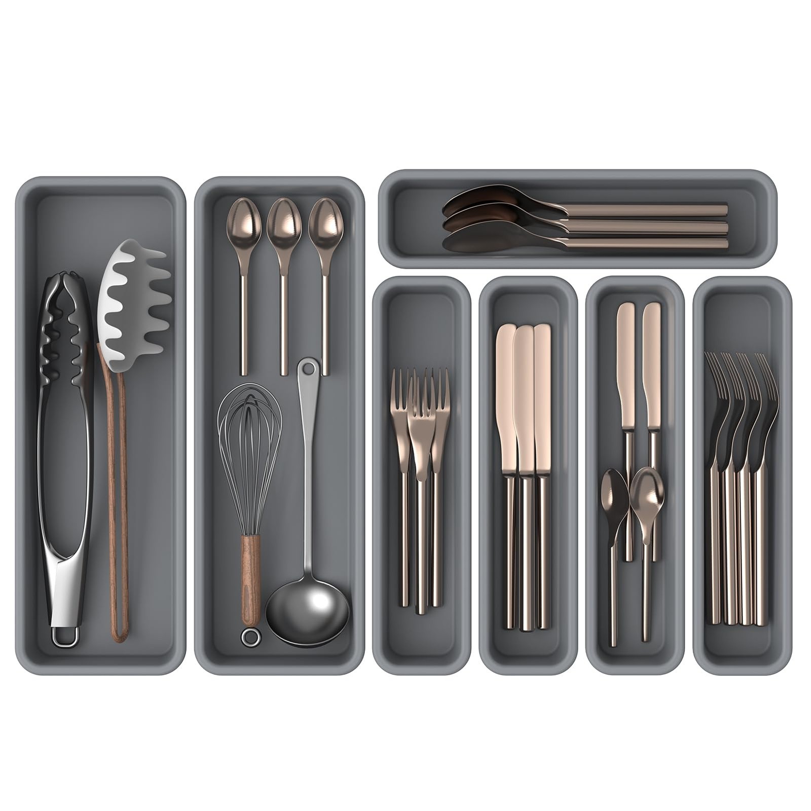K KORKUAN 7 Pack Silicone Silverware Drawer Organizer, DIY Free 7 Pack, Grey