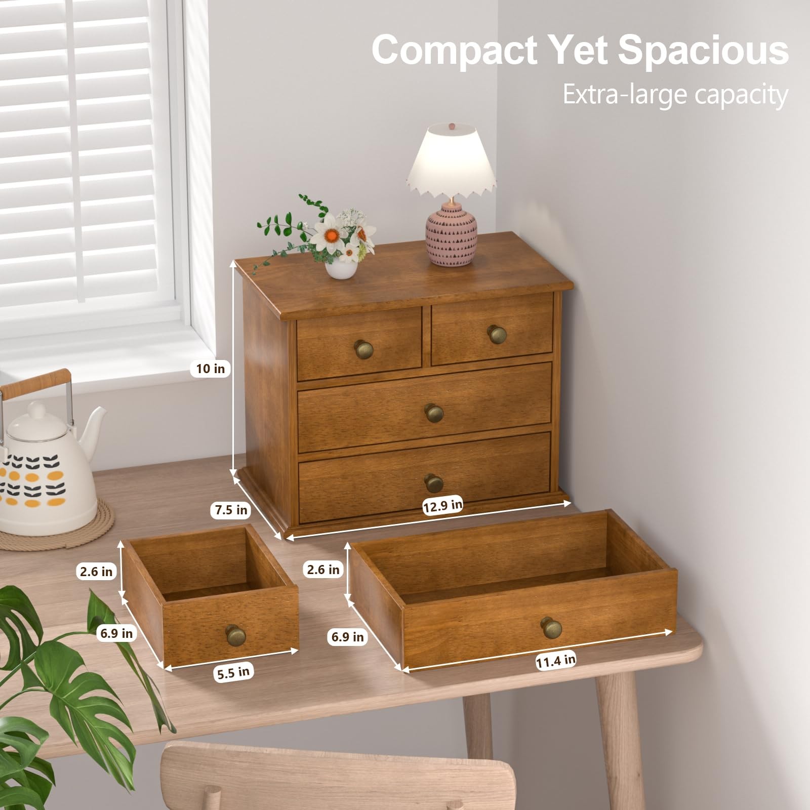 Walnut Oak Desk Organizer with 4 Drawers, Wooden Desktop Storage Box