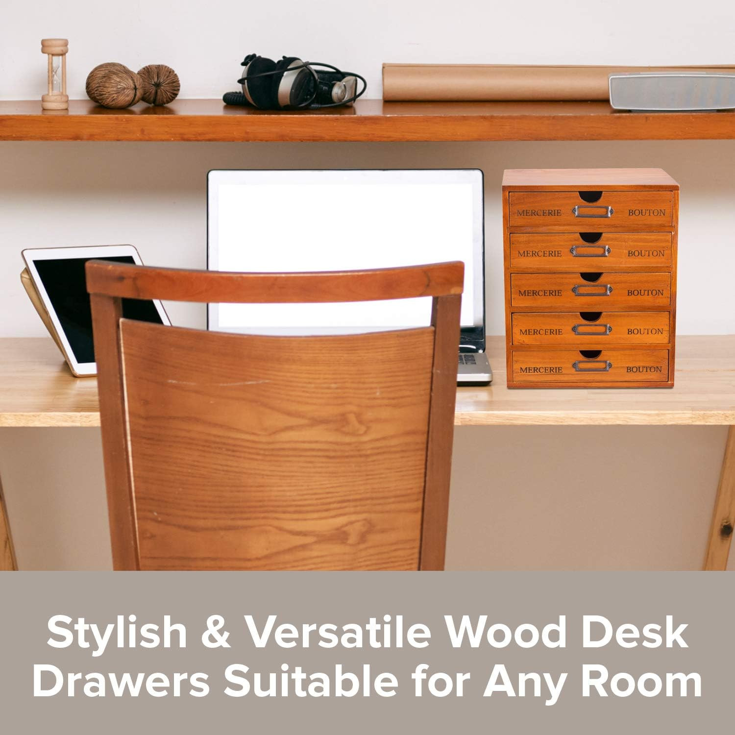 Rustic 5-Drawer Wooden Desk Organizer for Home Office & Craft Storage
