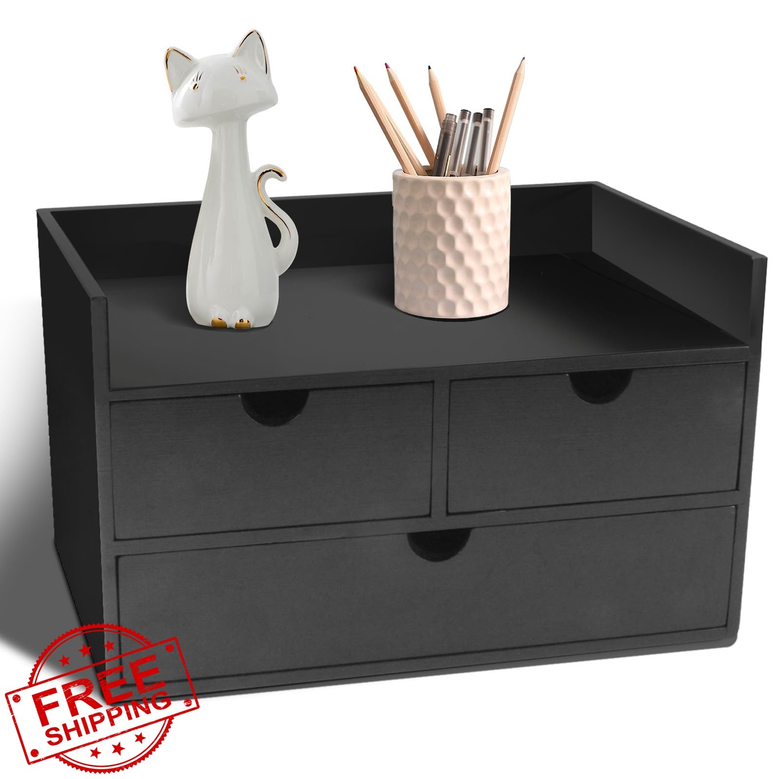 Charmewooden Bamboo 3 Drawer Desk Organizer Black With Shelf