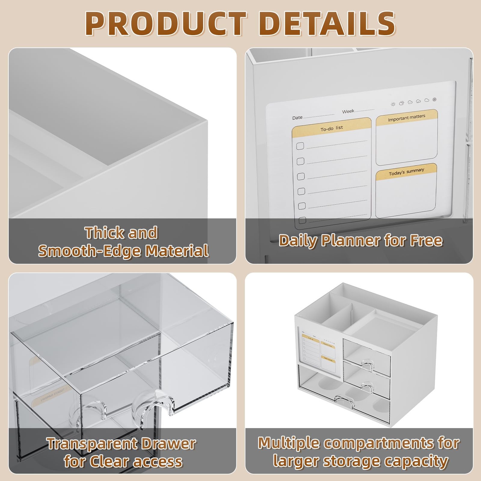 Marbrasse Desk Organizer with 3 Drawer, Multi-Functional Pencil Pen White