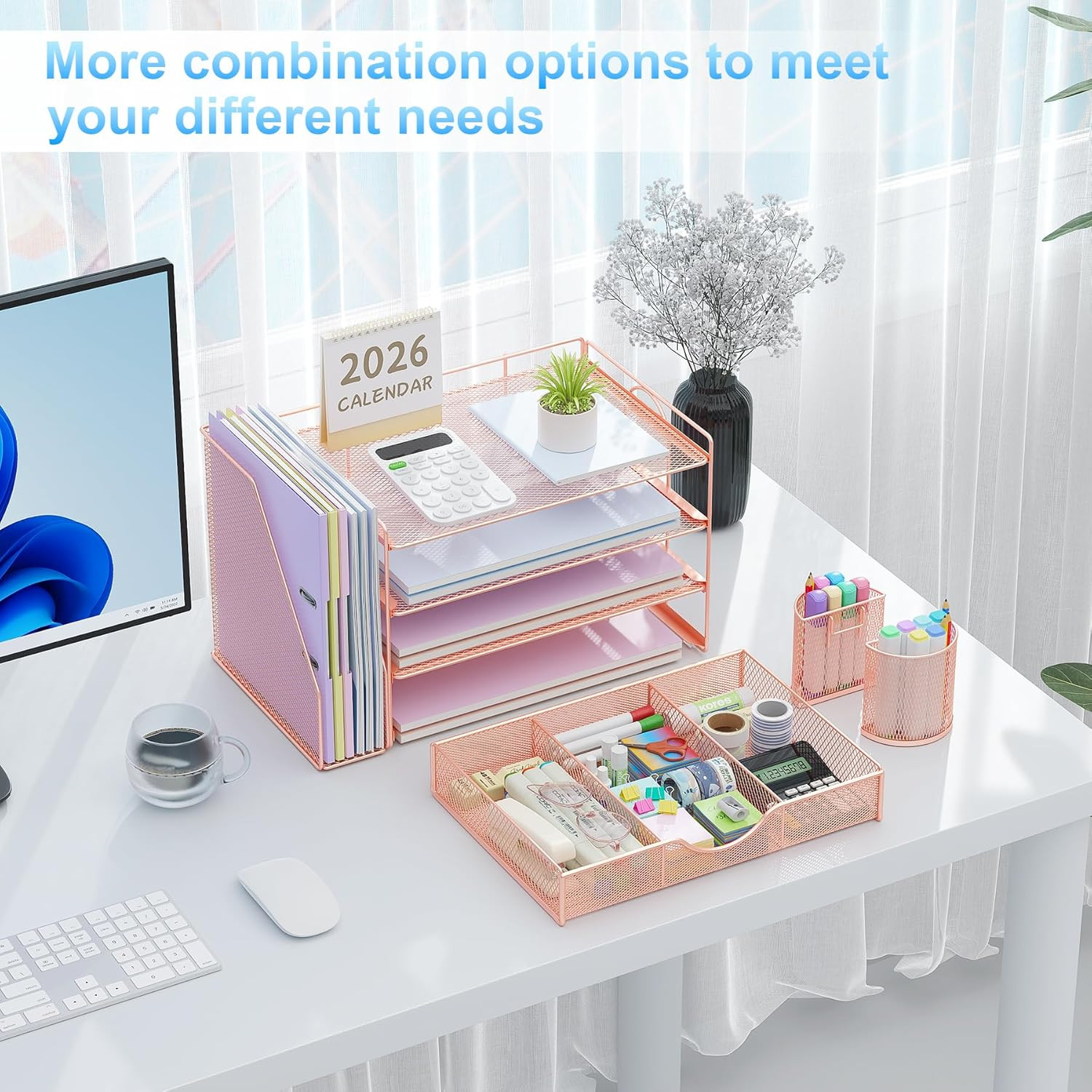4 Tier Desk Organizer with File Holder Drawer 2 Pen Holders Rose Gold