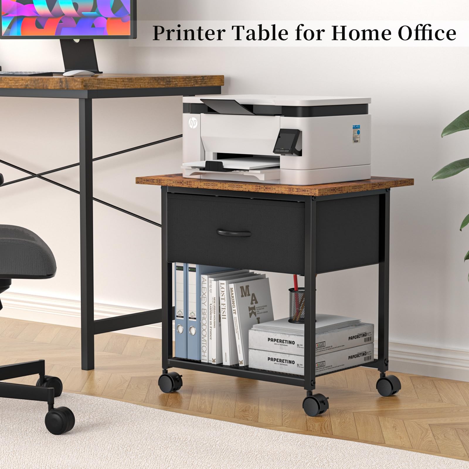 DAOUTIME 2-Tier Printer Stand with Storage Drawer, Under Desk Rustic Brown