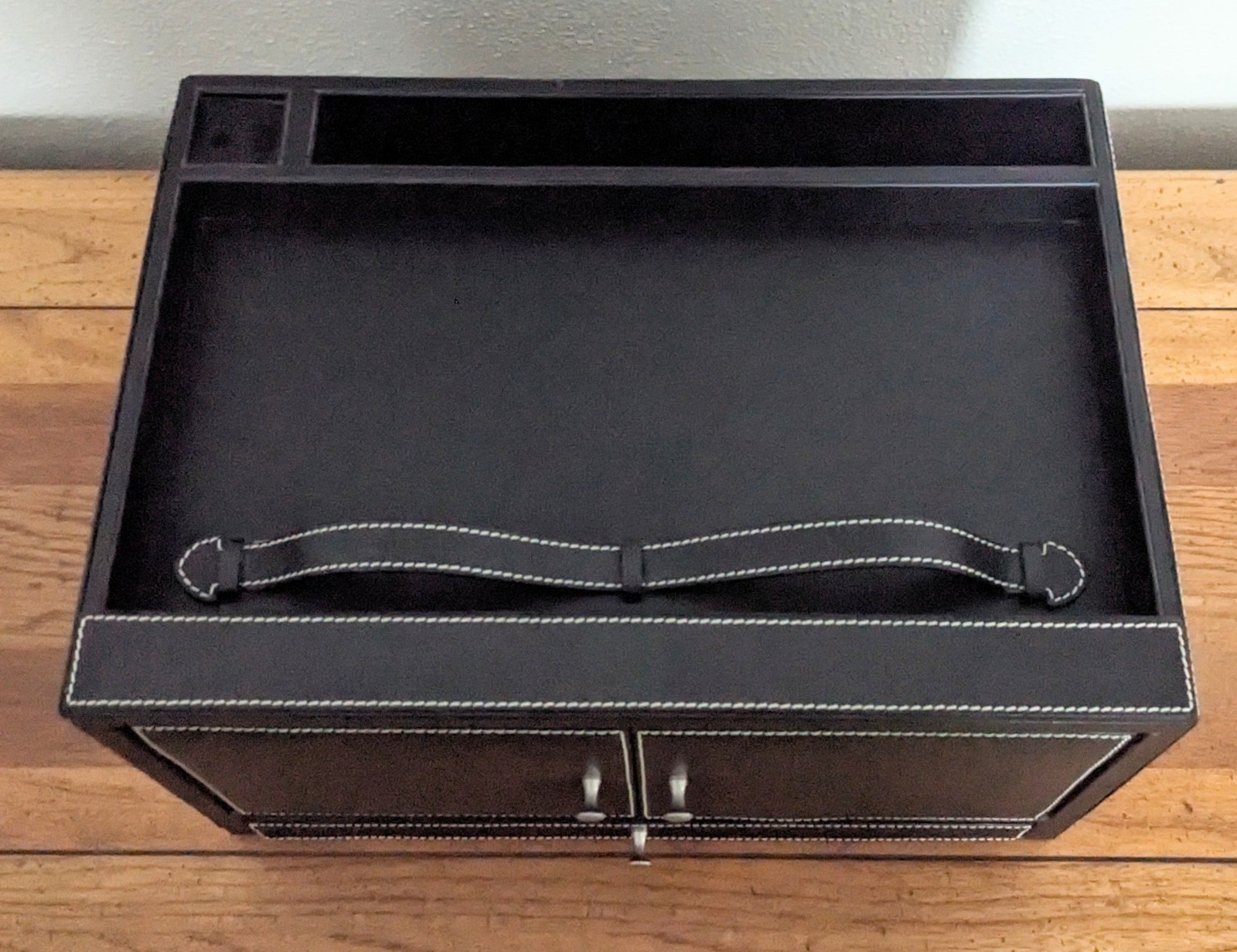 Levenger Leather Desk Organizer Valet Black Double Door Storage Tray Drawer