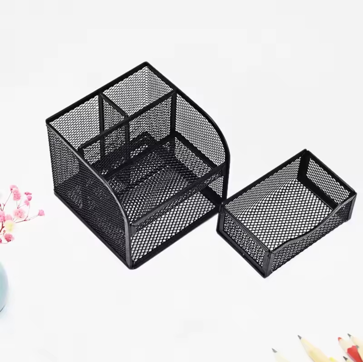 Pen Holder Desk Organizers 4 Compartments Metal Mesh Pencil Holder Black