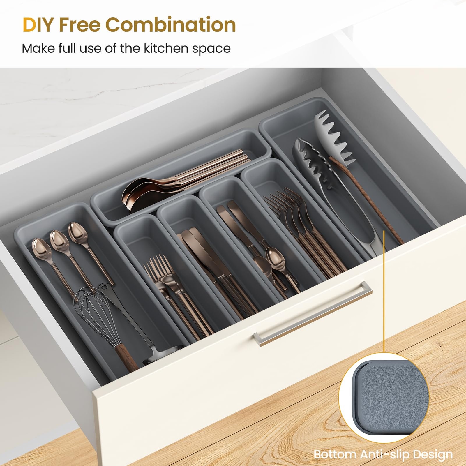 K KORKUAN 7 Pack Silicone Silverware Drawer Organizer, DIY Free 7 Pack, Grey