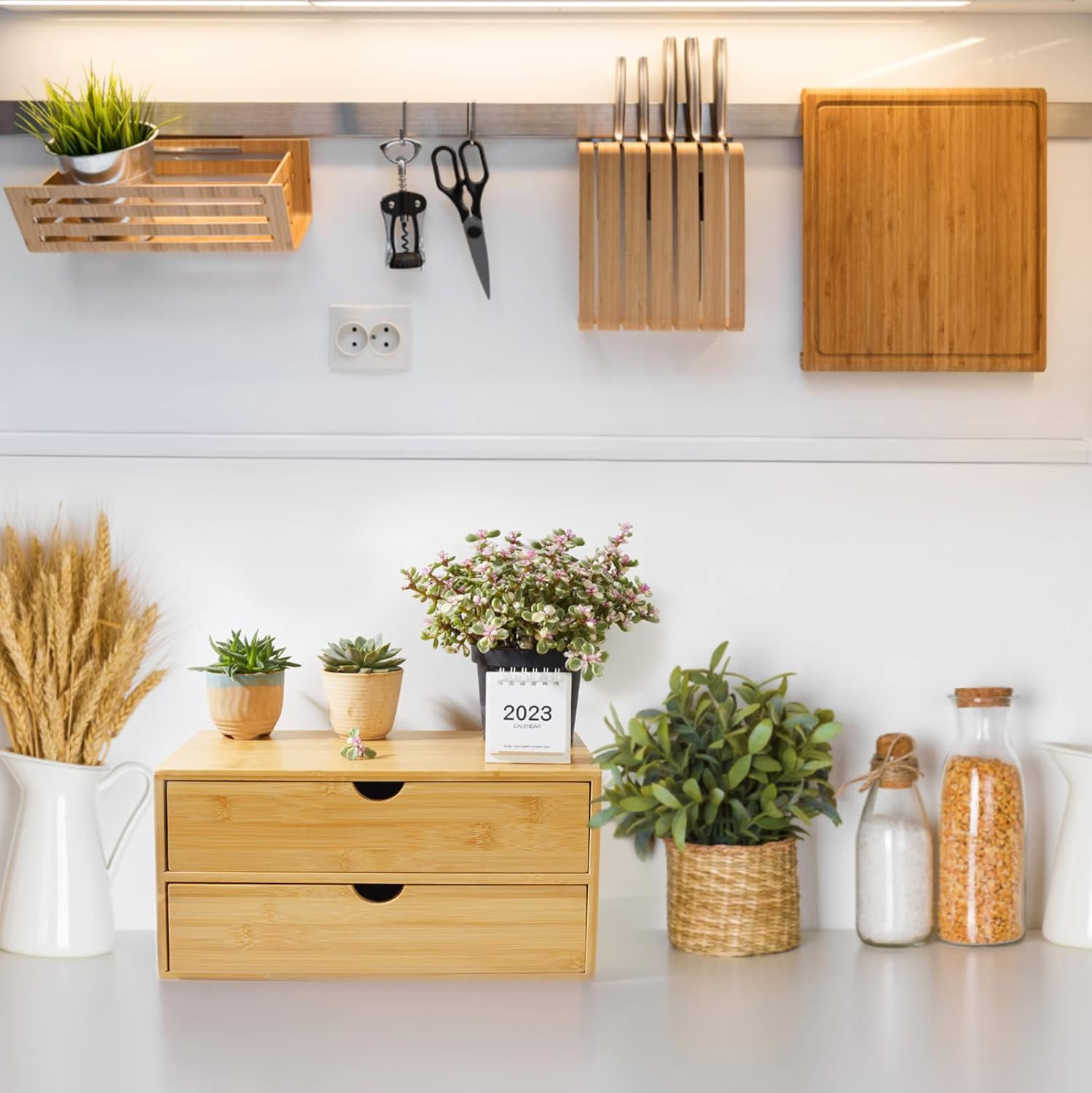 Bamboo Desk Organizer with Drawers Countertop Drawers Counter Storage Box Corner