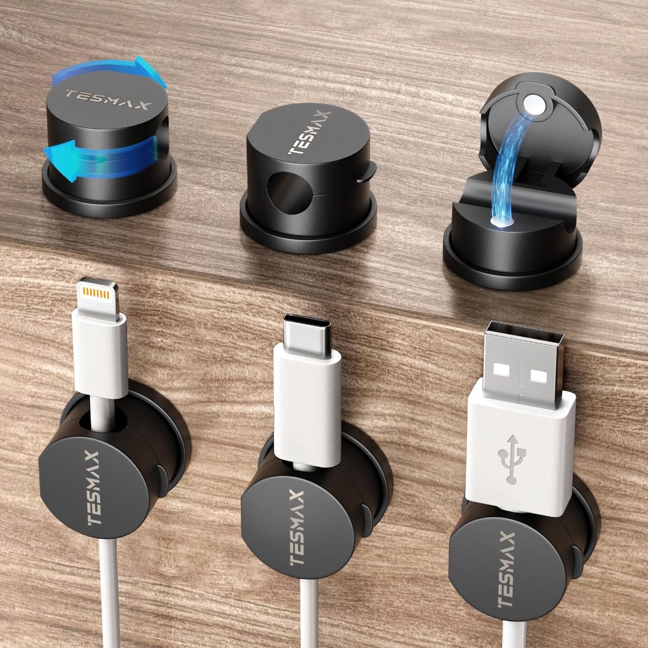 Magnetic Cord Holder 360°Rotation Organizer, 6Pack Cable 6 PACK, Black