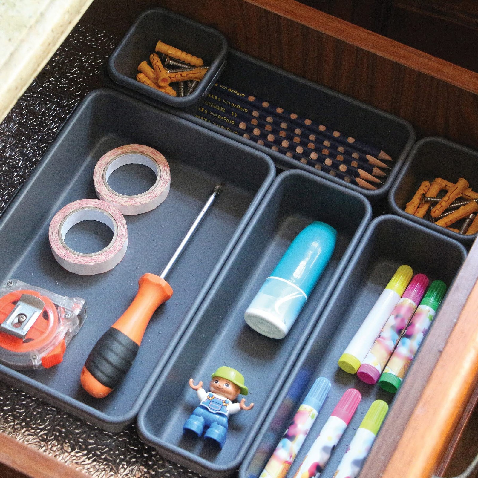 Set of 24 Interlocking Desk Drawer Organizer Tray Dividers Plastic Black