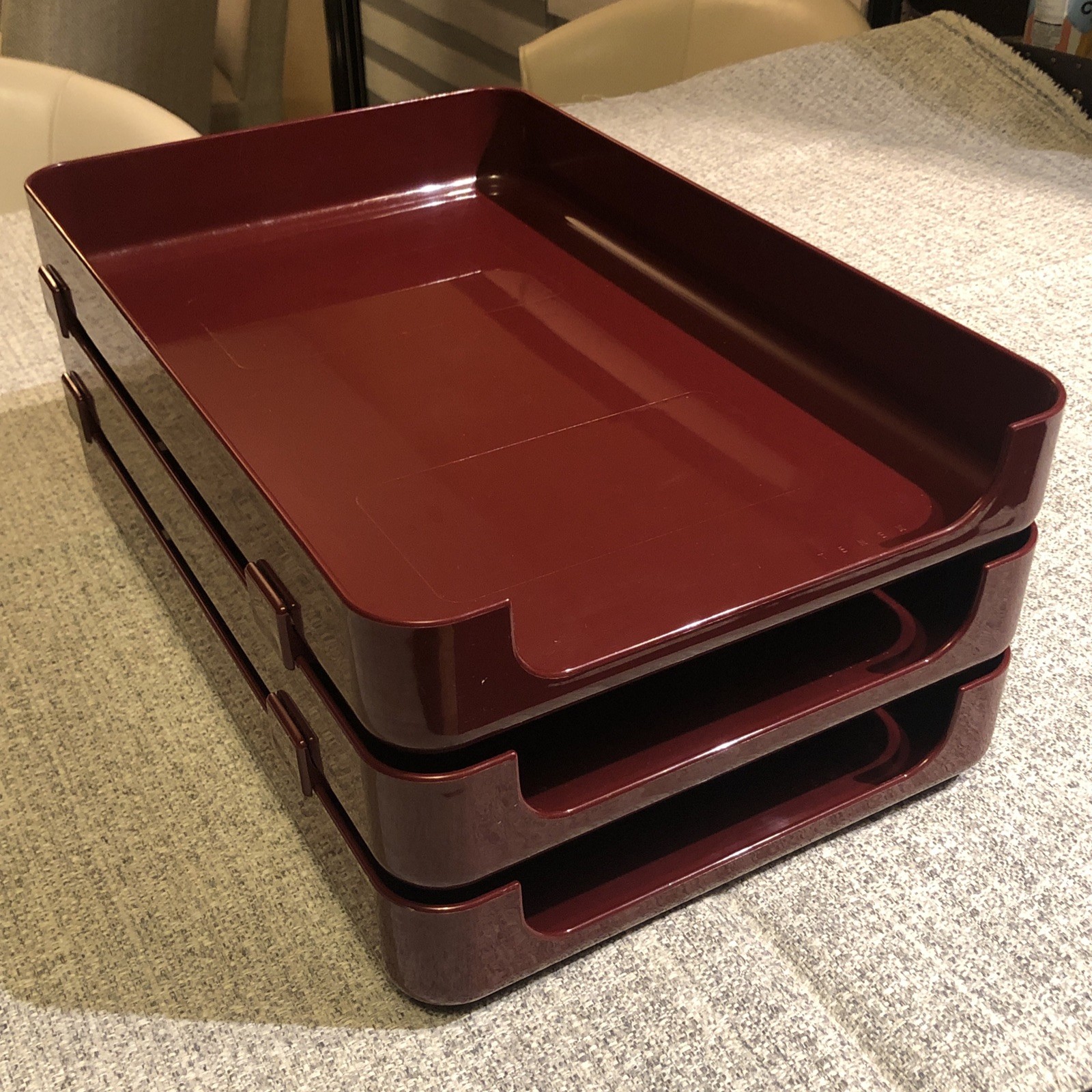 VTG 80s TENEX 200 Class Stacking Legal Size 3 Tier Office Desk Tray Set Burgundy