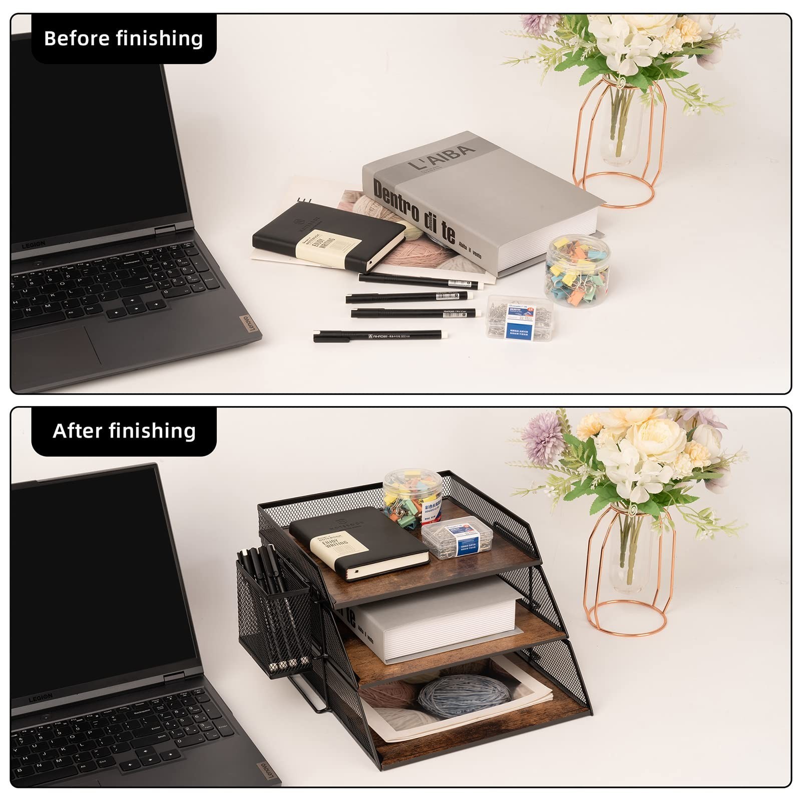 Vintage Wood & Metal Letter Tray， Stackable Desk Organizers Paper Tray， for F…