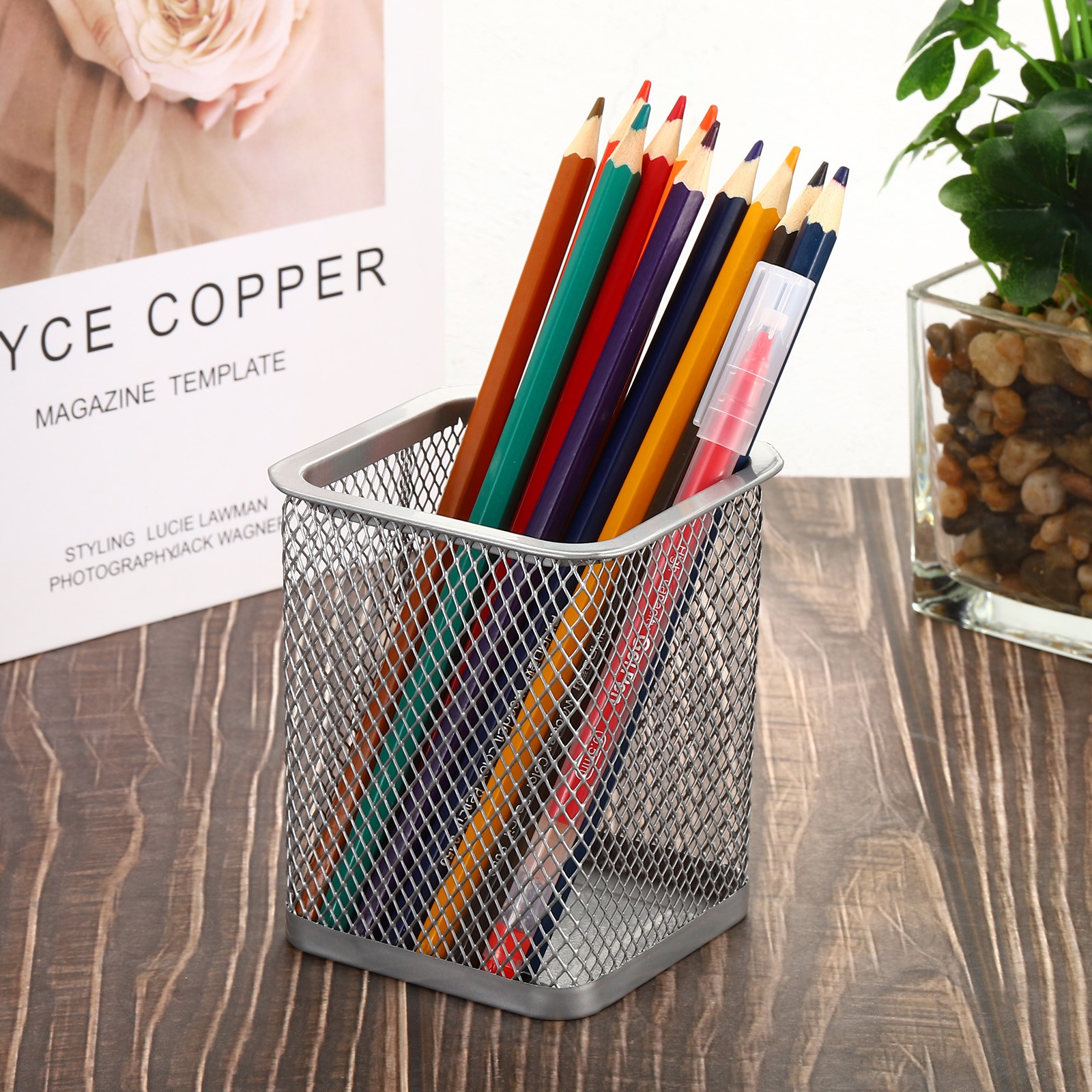 1 x Mesh Pen Holder Pencil Holder Pencil Basket Pen Cup Organizer Square, Silver