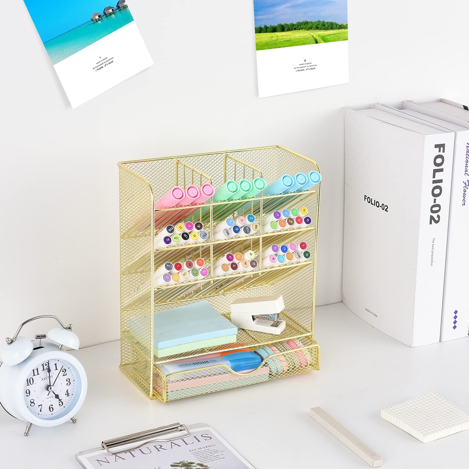 Spacrea Mesh Pen Organizer – Pencil Holder for Desk, Desk with Gold