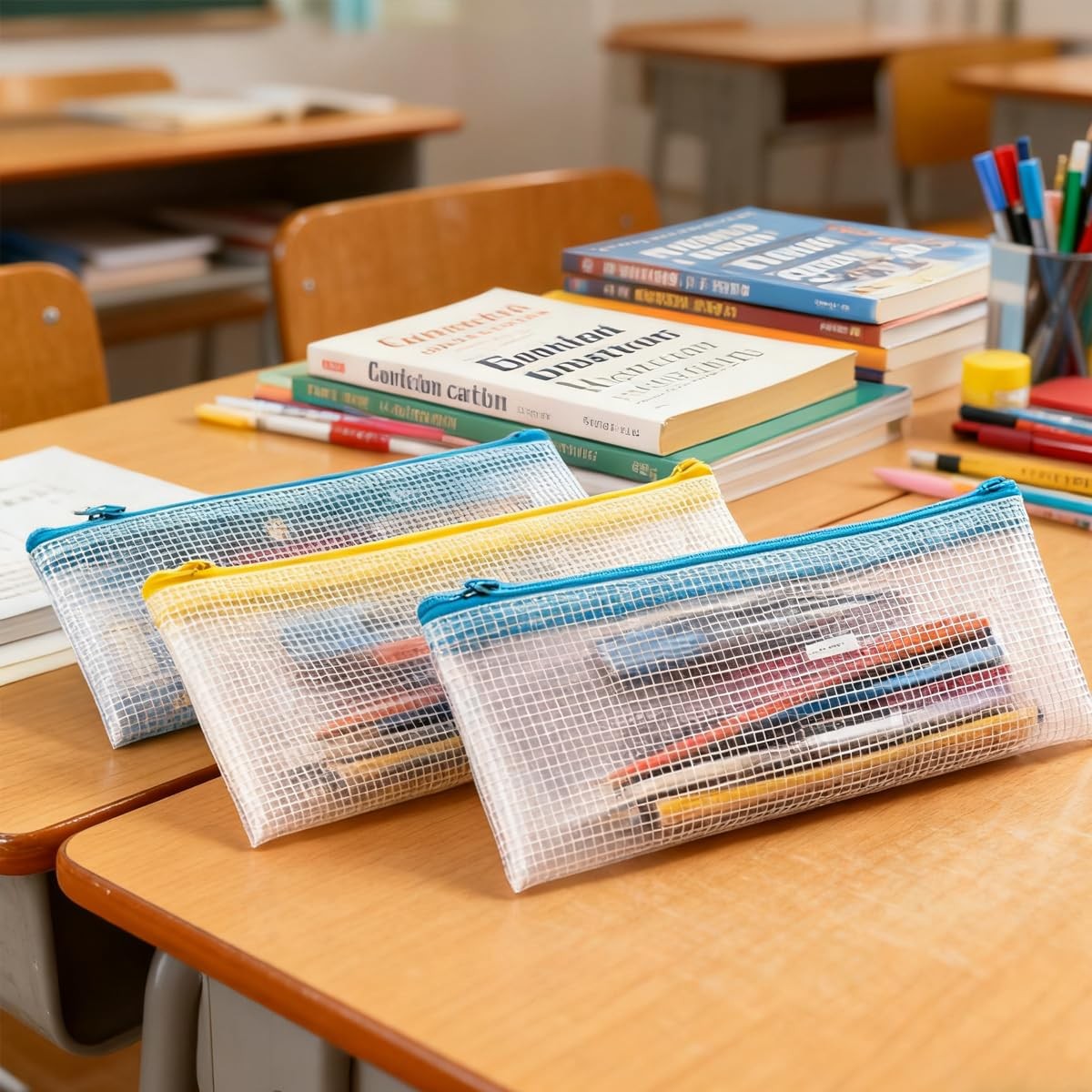 100 PCS Pencil Case Pouch Bulk 9.5”x4.5” Clear Mesh Zipper 10 Colors