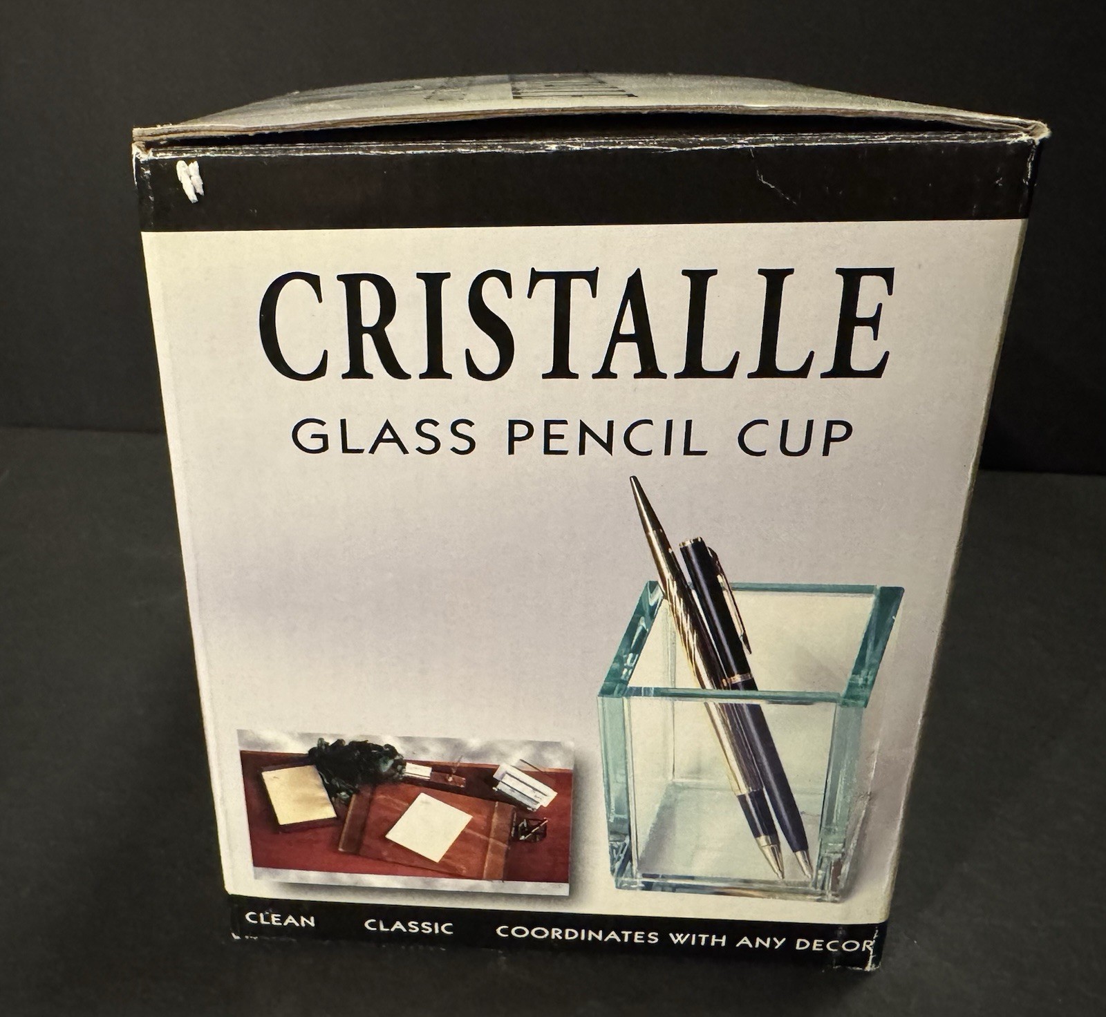 CRISTALLE Glass Pencil Cup ~Pens or Pencils Square Clear Holder~ New in Box