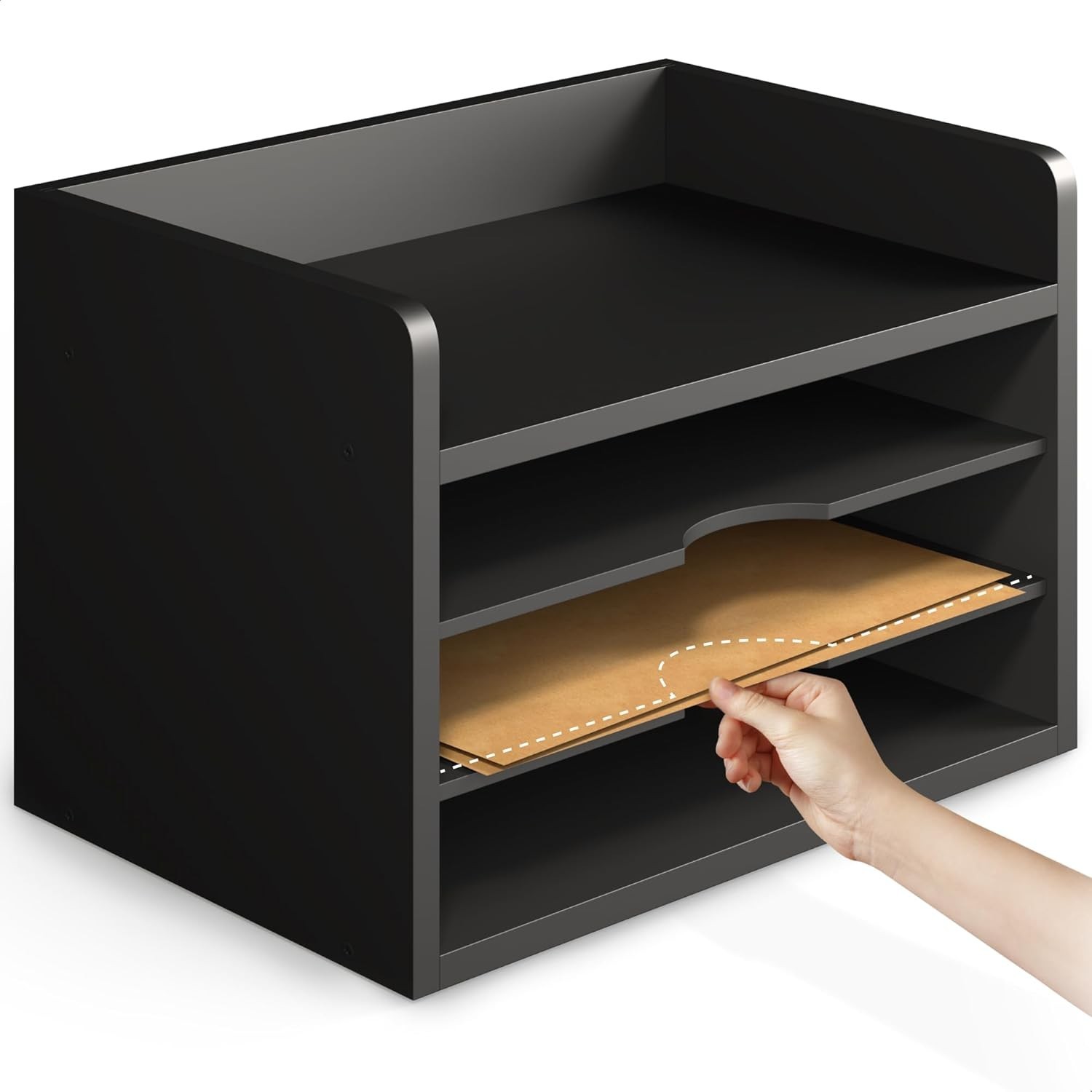 4-Tier Modern Black Desk Organizer – Open Top Paper Tray for Stylish Offices
