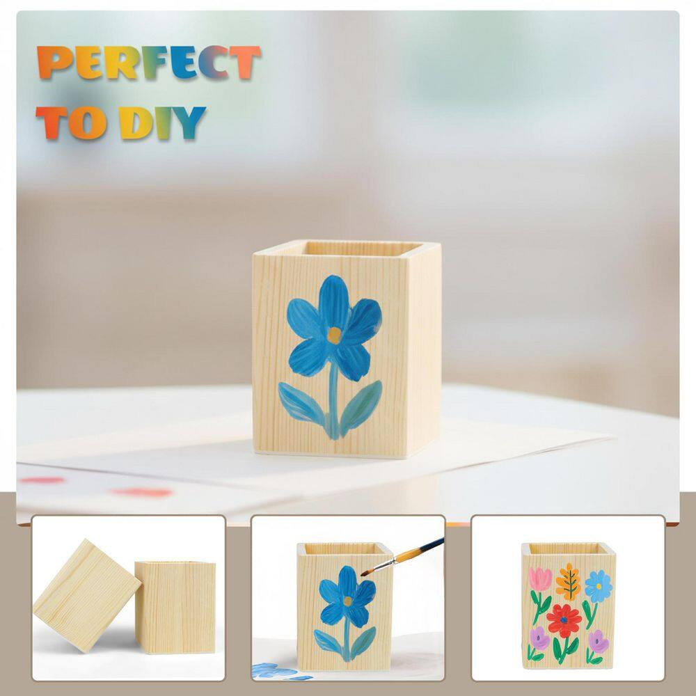 6-Pack Unfinished Pine Wood Pencil Holder Set Square Natural Wood Desk Organizer