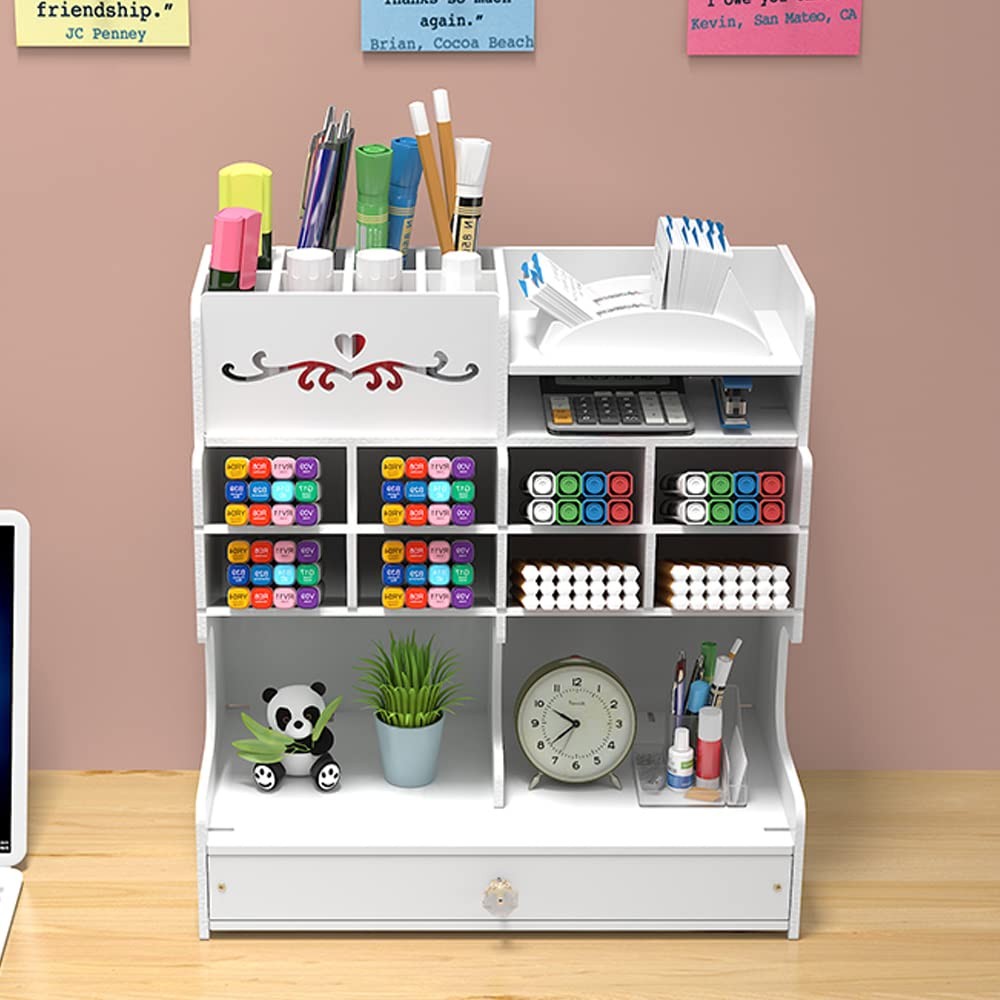 White Pen Organizer with Drawer DIY Pencil Holder Desk Tidy Caddy Office Stat…