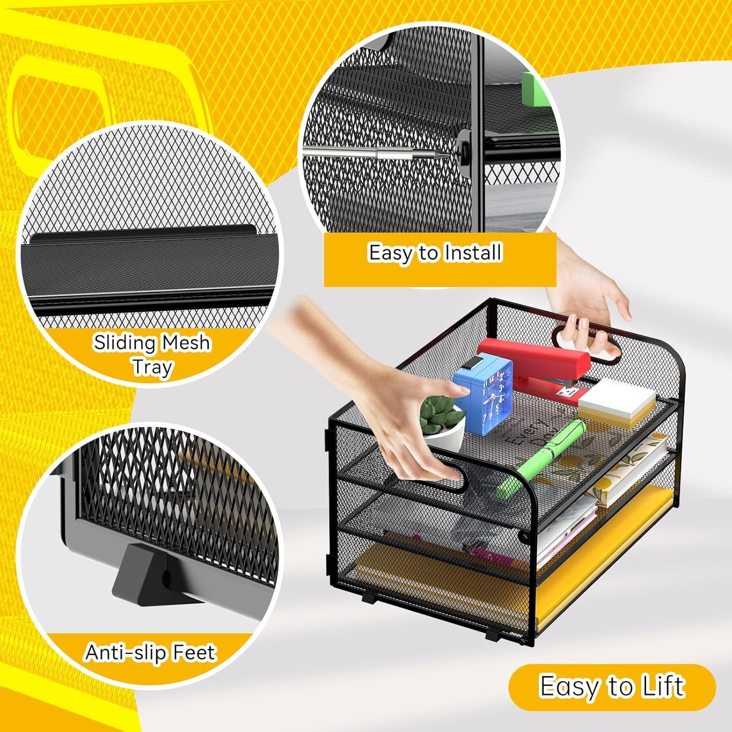 3 Tier Paper Organizer Tray with Handle, Mesh Letter Tray for Office, Home, S…