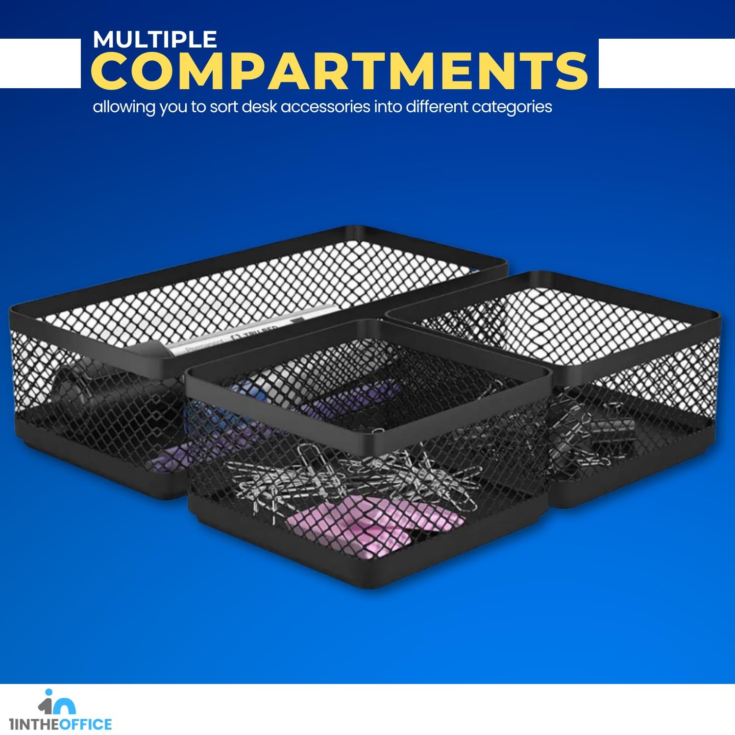 Black Wire Mesh Desk Basket Tray Organizer 3Compartment Stackable Storage