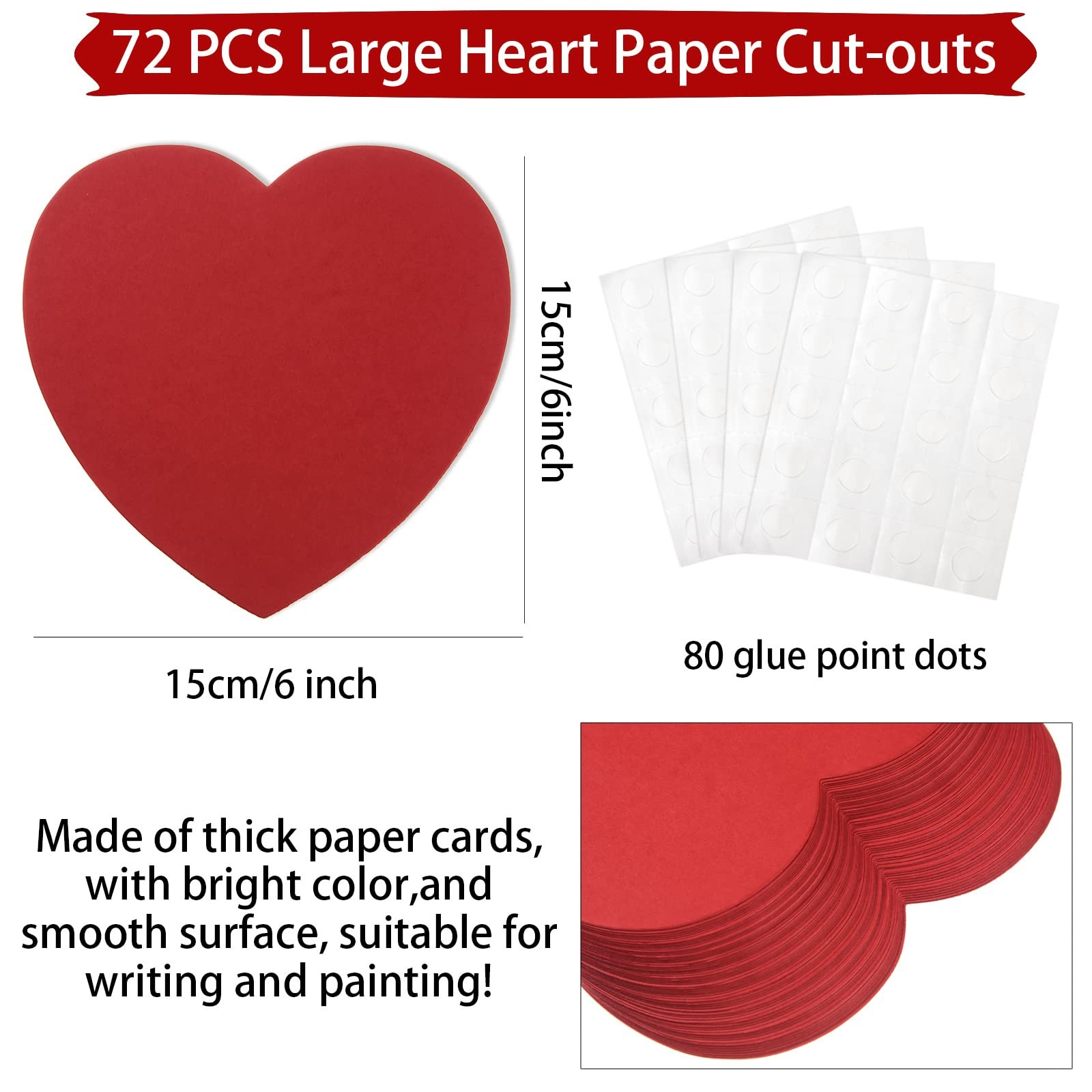72 Pcs 6 Inch Large Heart Paper Cutouts, Double Sided Shape Red