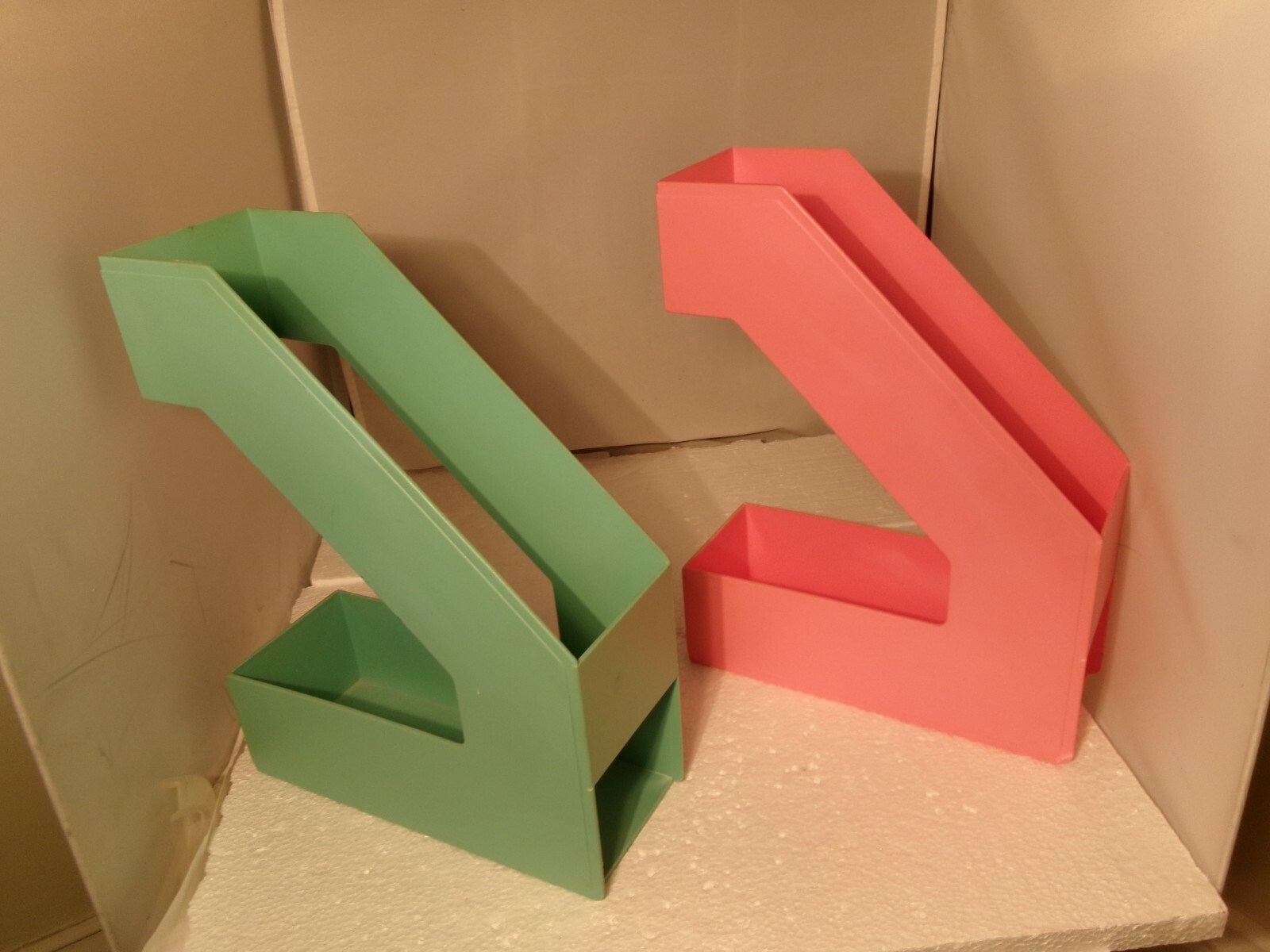 2 Vintage Pink and Green Plastic Magazine Rack File Holder Desk Organizers