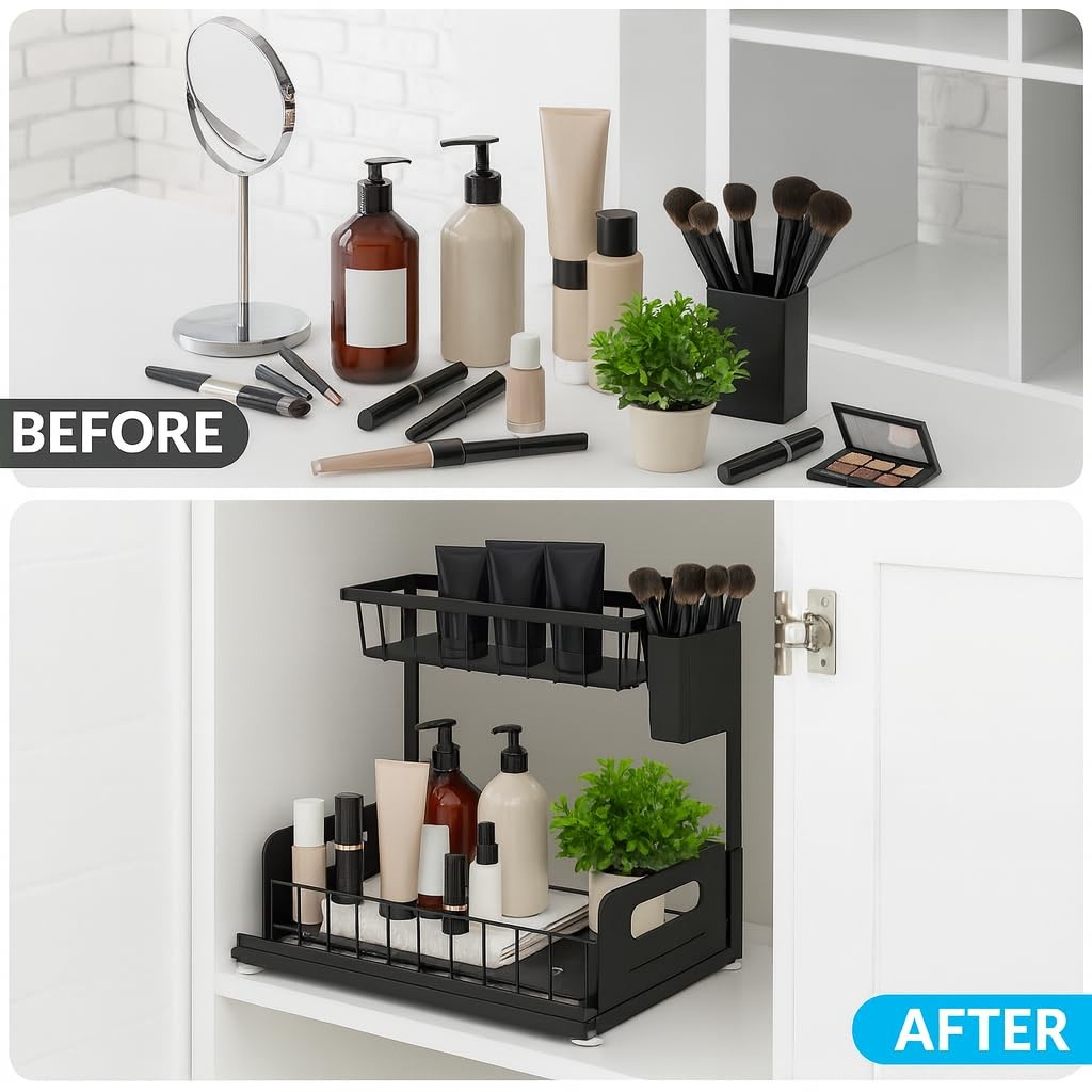 Under Sink Organizer 2 Tier with Slide-Out Drawer and Brush Holder (1) Black