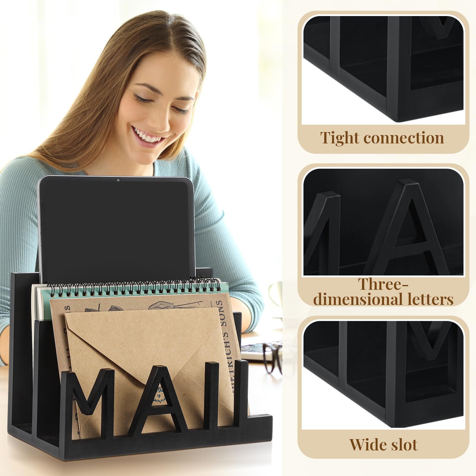 Mail Holder Wooden Organizer Black Countertop Cutout Lettering Desktop Rack