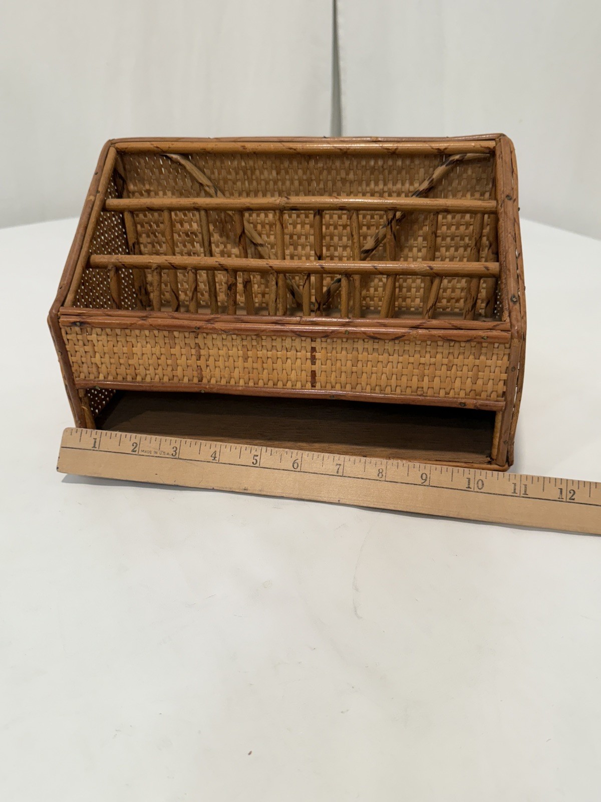VTG Rattan Desk Organizer Letter Tray Bamboo Wicker Boho Hollywood Regency