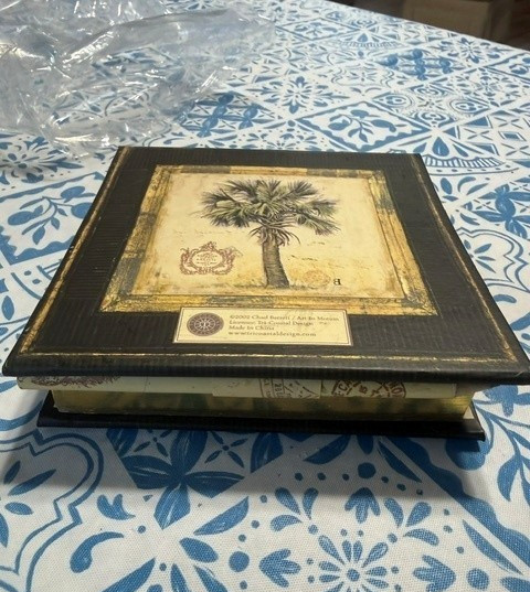 Square Desk Notepad Palm Tree Hard Cover Gold Trim with Pencil