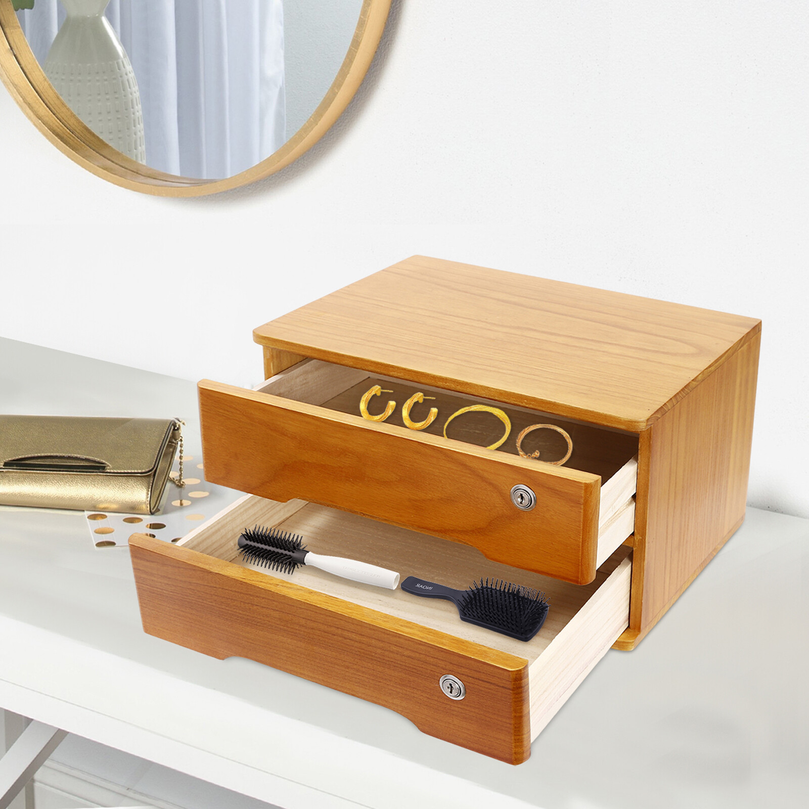 Retro Wooden Desktop Storage Box 2-Tier Desk Organizer w/ Lockable Drawers
