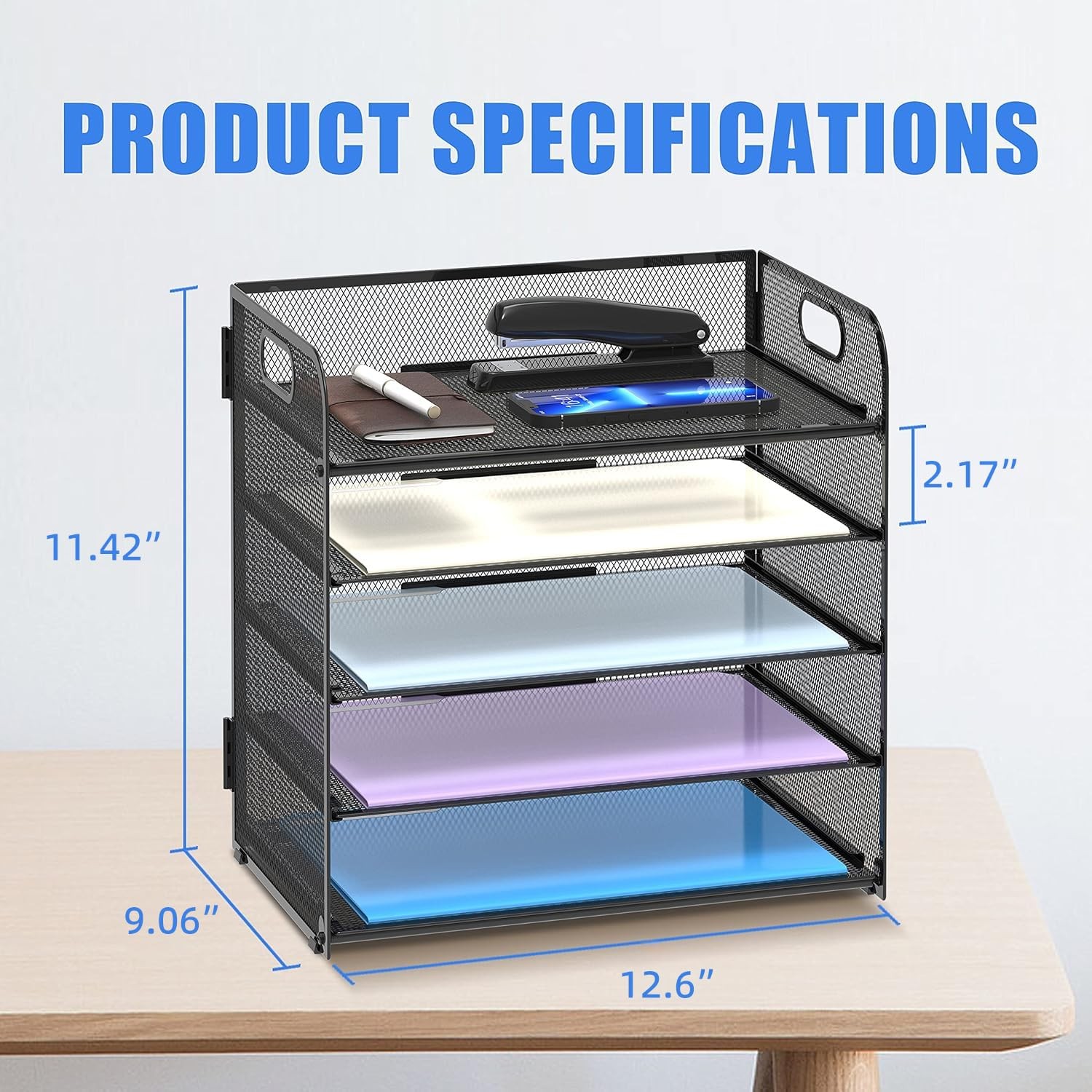 Mesh Desk File Organizer with Five Trays and Handle Paper Sorter for Office