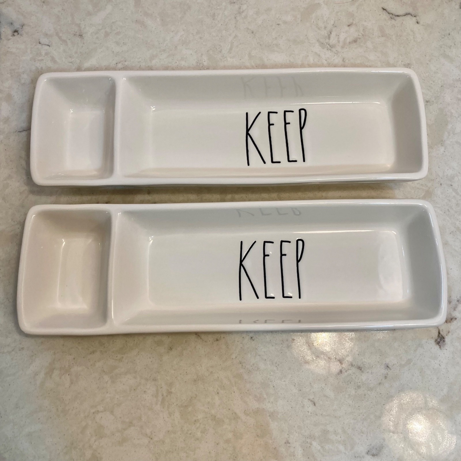 Set of 2 Rae Dunn “KEEP” Divided Dish Office/kitchen Organizer White 11”x3.5”
