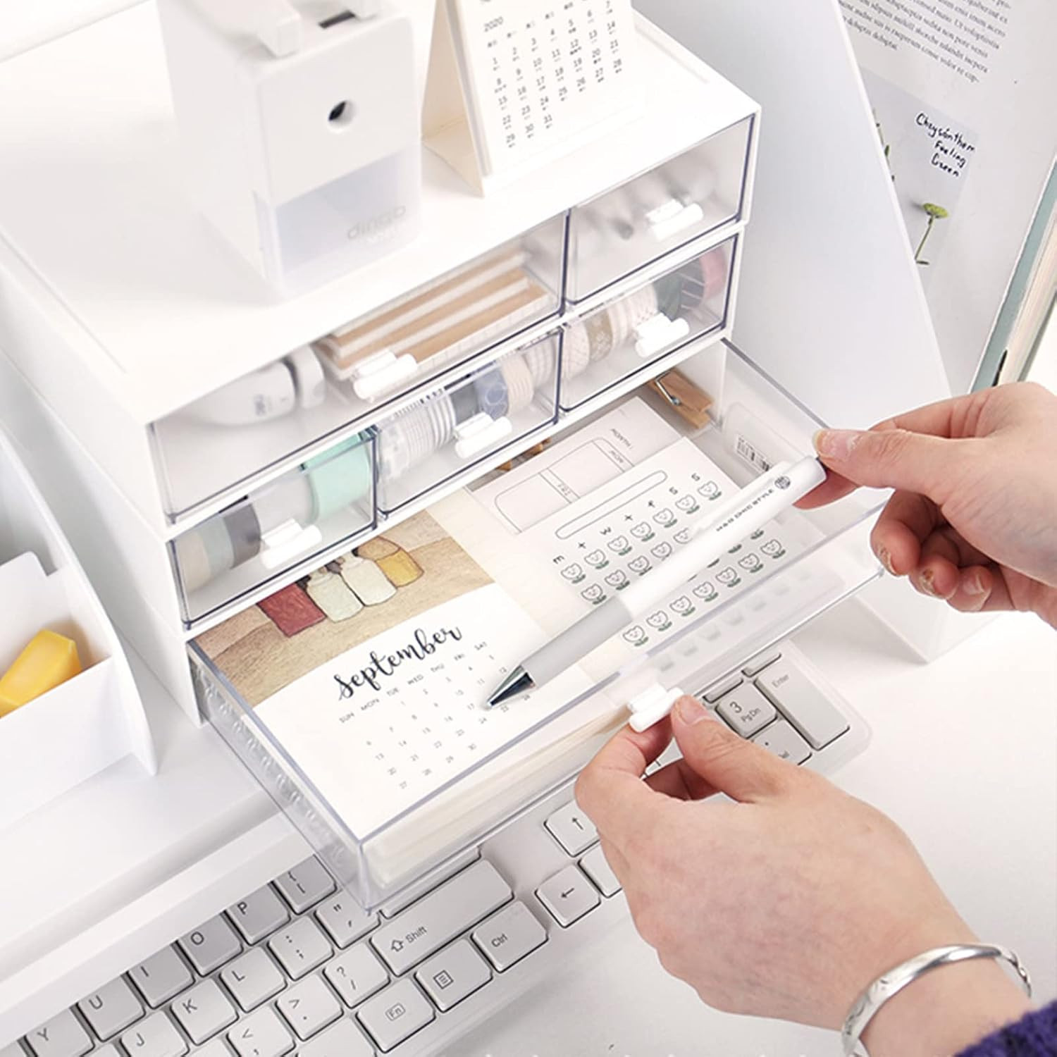 Desk Organizer with Drawers Stackable Storage Drawers, Plastic Compact Desk Stor