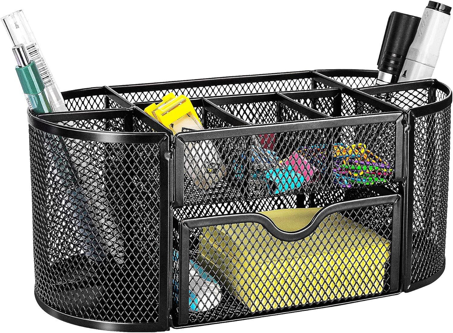 Mesh Desk Organizer with Drawer Pen Holder Office Supply Storage Caddy Black