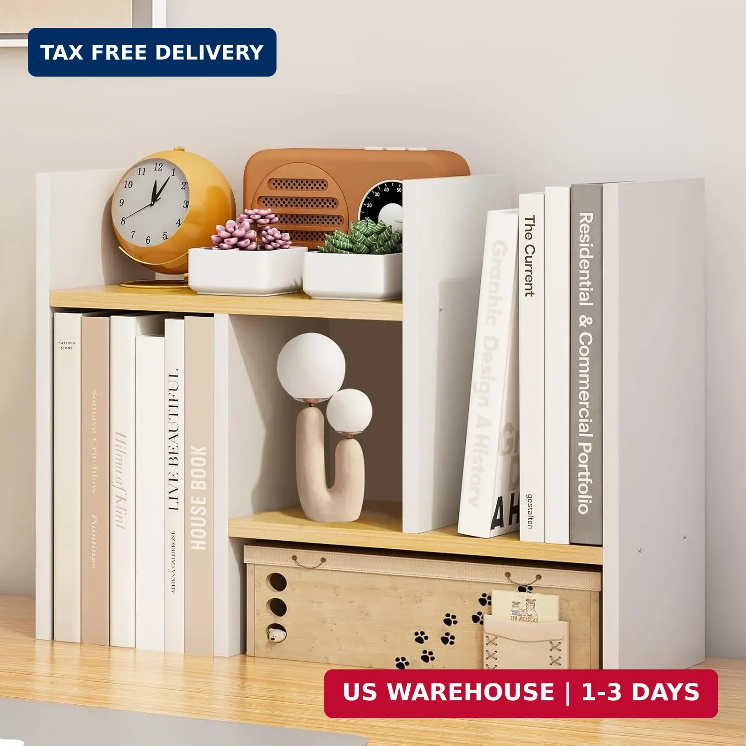 White Desk Organizers and Storage Small Desktop Bookshelf Length Expandable Desk