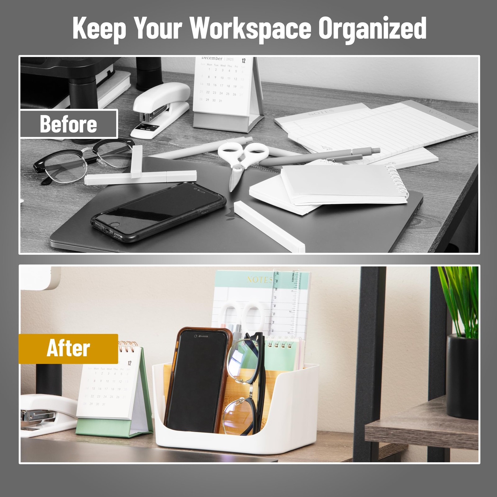 5-Compartment Desktop Organizer, Adjustable Caddy, Plastic and Wood, White